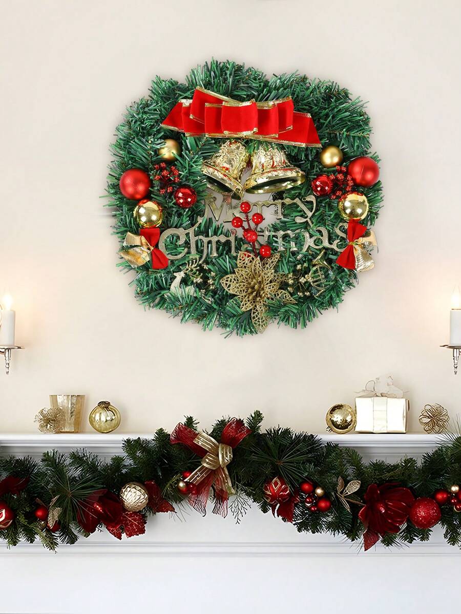 1 个人造花环，30 厘米圣诞双铃铛松果风格花环，圣诞花环，圣诞节挂饰，适用于壁炉、窗户、家庭节日、圣诞派对、家居墙壁、房间背景装饰，平安夜 2025 新年装饰，圣诞礼物，圣诞装饰，圣诞装饰 - 雙鈴鐺款 - 查看 1