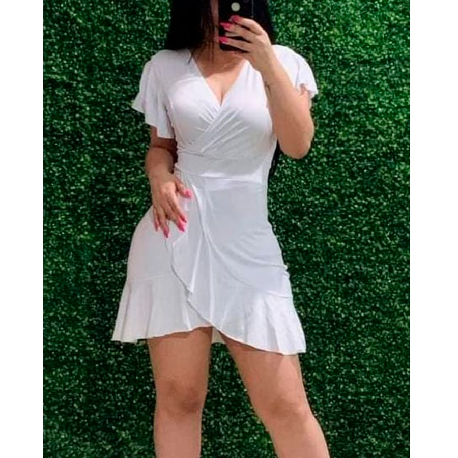 V-Cut Ruffle Dress - Blanc - Voir 1