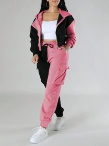 2 件套女士休闲运动风格服装，含加厚羊毛拉链连帽夹克和运动裤，适合秋冬季 - 彩色 - 查看 3