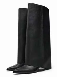 2024年秋季新款卡其色阔腿喇叭过膝尖头牛仔靴，女士款，西部风格，牛仔靴