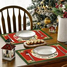 1/4/6 piezas Manteles individuales con tema navideño, Cuadros grises con árbol de arándanos y 3 gnomos, Cabeza de muñeco de nieve navideño, Aplicable para decoración de fiesta de Navidad, decoración de reunión navideña, decoración de mesa