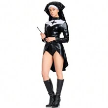 Women's Nun Costumes Halloween 3 Pieces Nun Costume Set PU Sexy Nun Costume Cosplay Outfit Set Nun Costume Fancy Dress - màu đen - Xem 5