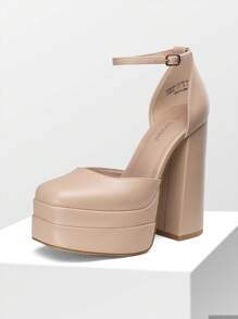 Women Platform High Chunky Block Heels Pumps Square Closed Toe Ankle Strap Solid Color Wedding Party Prom Festival Shoes - NUDE-PU - View 7
