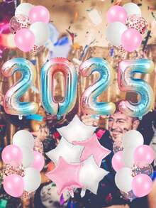 39 件新年气球套装，32 英寸粉红金银色玫瑰金黑色绿色数字气球，18 英寸星形铝箔气球，适合新年快乐派对装饰 - 彩色 - 查看 5