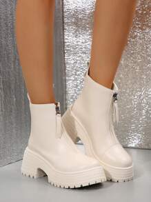 Fall/Winter Beige Women Boots With Front Zipper, Chunky Sole And Platform, Fashion Boots, Beige Leggings Boots, Beige Ankle Boots, Nude Color Short Boots - Beige - View 7