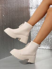 Fall/Winter Beige Women Boots With Front Zipper, Chunky Sole And Platform, Fashion Boots, Beige Leggings Boots, Beige Ankle Boots, Nude Color Short Boots - Beige - View 3