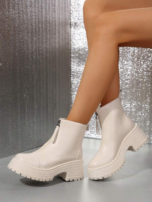 Fall/Winter Beige Women Boots With Front Zipper, Chunky Sole And Platform, Fashion Boots, Beige Leggings Boots, Beige Ankle Boots, Nude Color Ankle Boots