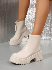 Fall/Winter Beige Women Boots With Front Zipper, Chunky Sole And Platform, Fashion Boots, Beige Leggings Boots, Beige Ankle Boots, Nude Color Short Boots - Beige - View 5