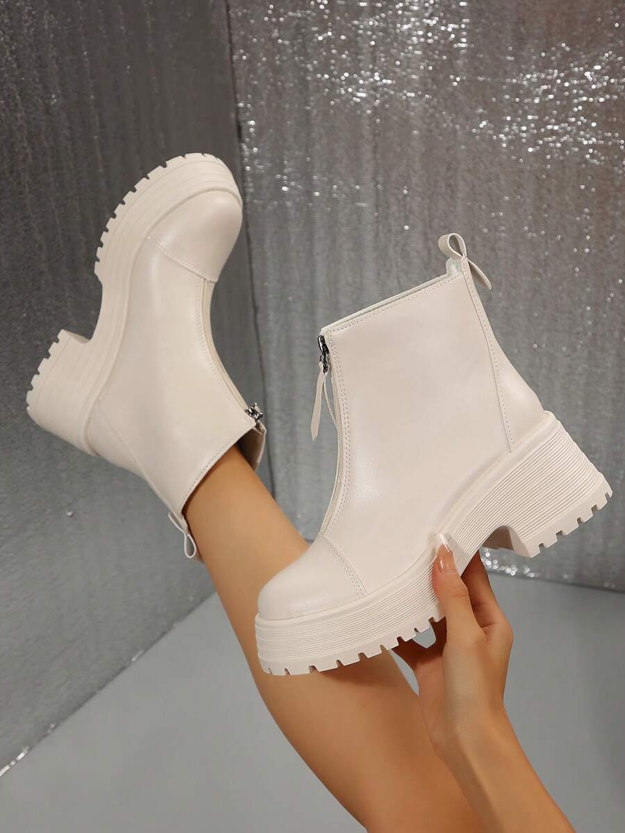 Fall/Winter Beige Women Boots With Front Zipper, Chunky Sole And Platform, Fashion Boots, Beige Leggings Boots, Beige Ankle Boots, Nude Color Short Boots - Beige - View 1