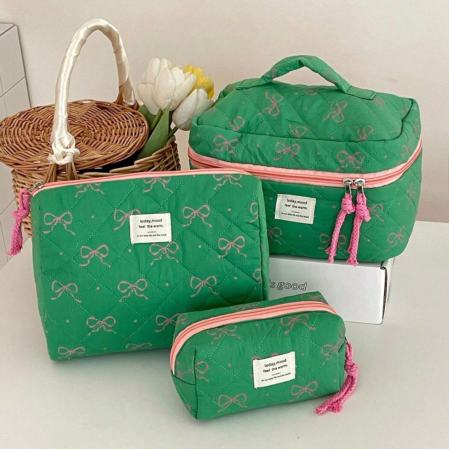 Green Guava Bow Makeup Bag, Soft Fabric Random Floral Pattern