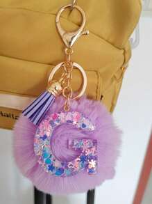 Initial Letter Keychain Pendant Resin Letter Keychain Wallet Backpack Accessory, Purple Fur Ball And Letters, Is The Best Gift For Family And Loved Ones, Letters A-Z Are Available For Selection, Fashionable Items, Alphabet Pendant For Bags - Purple - View 31