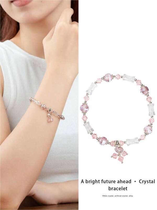 VE 1 pieza Brazalete de nudo de bambú de cuarzo blanco natural con cuentas de cristal artificial. Elegante y refinado, implica una movilidad ascendente continua y un espíritu inquebrantable. Puro como el hielo y la nieve, purificando la mente y aportando un aura fresca. No solo decorativo, sino también simbólico de un crecimiento académico y profesional constante, así como de buena suerte. El color de la joyería es aleatorio.