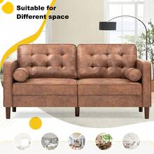 Lesofair 67" Faux Leather 2-Seat Sofa With 2 Bolster Pillows, Tufted Loveseat With Wooden Legs, Morden Sofa Suitable For Living Room, Office - 棕色 - 查看 4
