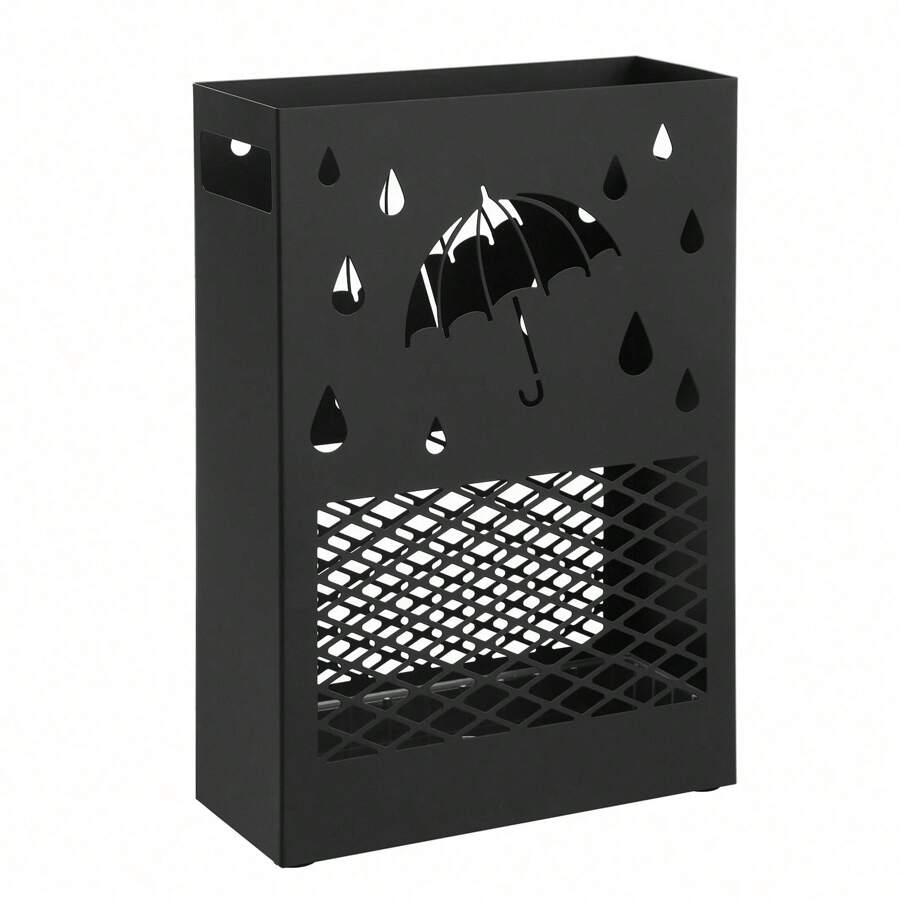 SONGMICS Metal Umbrella Stand, Rectangular Umbrella Holder Rack, With A Removable Drip Tray, 4 Hooks, Cutout Design, For Entryway, Office, Black - Black - View 1