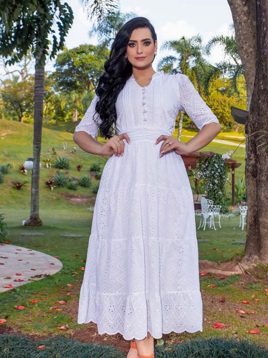 Elegant Maxi-Midi Dress In Cotton Linen Evangelical Fashion - 白色 - 查看 1
