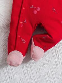 2件套新生女婴樱桃印花全覆盖长袖连体衣和帽子基本款家居服套装