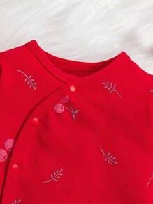 2件套新生女婴樱桃印花全覆盖长袖连体衣和帽子基本款家居服套装