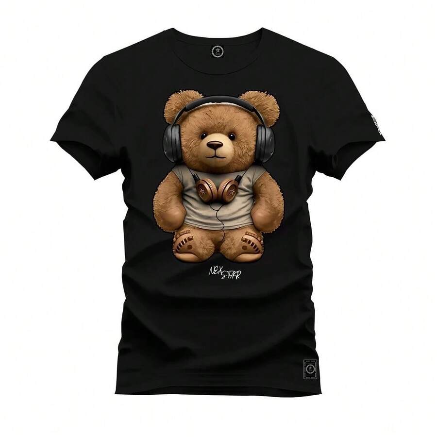 T-Shirt Premium Cotton Soft Shirt With Headphone Bear Print - 黑色 - 查看 1