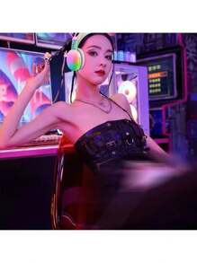 Bass PG580 无线蓝牙游戏耳机，内置麦克风和 RGB 灯，以及带磁性功能的免费迷你扬声器，适用于 Apple iPhone、iPad、笔记本电脑、送给家人、朋友、孩子、万圣节、秋季的礼物 - 粉色 - 查看 3