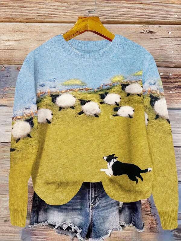 3D Sheepdog Print Comfortable Soft Casual Women Crew Neck Sweater, Pastoral Farm Style Knit Pullover, Blue-Green Color Block With Sheep And Sheepdog Print