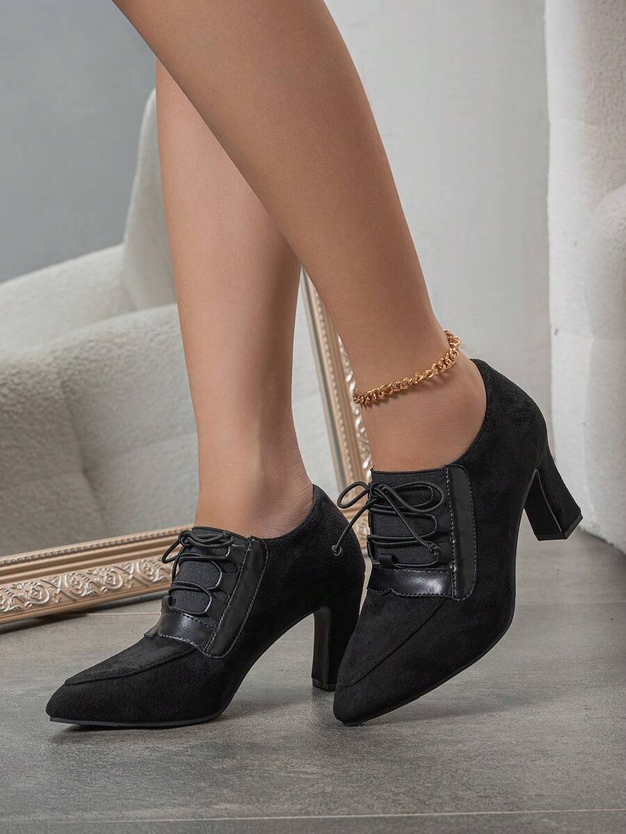 Women's Chunky Heel Pointed Toe LaceUp Color Block High Heels Pumps