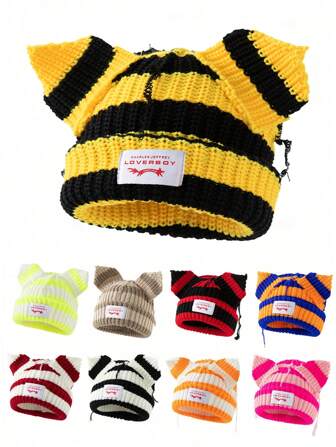 1pc Women's Fashion Car Patch Ear Knitted Hat, Suitable For Autumn/Winter Daily Wear