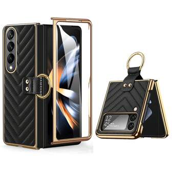 VIETAO Z Flip 6 5 4 3 7 Golden Plated Finger Ring Holder Kickstand Leather Mobile Phone Case Compatible With Samsung Galaxy Z Fold 7 6 5 4 3 Cover Waterproof Shockproof Anti-Fall Scratch Resistant