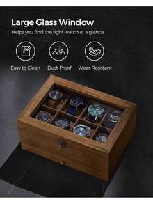 SONGMICS Watch Box With 8 Slots, 2-Tier Wood Watch Case With Large Glass Lid, Watch Pillows, Velvet Lining, Jewellery Box, Gift For Loved Ones, Rustic Walnut - Brown - View 6