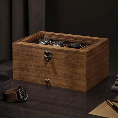 SONGMICS Watch Box With 8 Slots, 2-Tier Wood Watch Case With Large Glass Lid, Watch Pillows, Velvet Lining, Jewellery Box, Gift For Loved Ones, Rustic Walnut