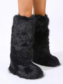 女士平底厚底雪地靴，温暖高帮毛茸茸长筒圆头中筒靴，人造毛皮衬里，链条装饰，朋克风格金属链条和铆钉装饰长筒冬靴