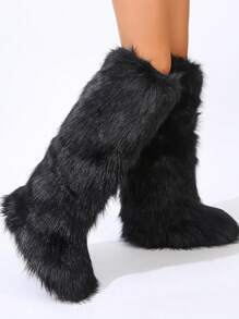 女士平底厚底雪地靴，温暖高帮毛茸茸长筒圆头中筒靴，人造毛皮衬里，链条装饰，朋克风格金属链条和铆钉装饰长筒冬靴