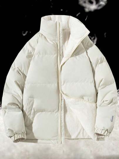 男士长袖加厚羽绒服，内衬保暖层，宽松立领设计，适合冬季户外穿着