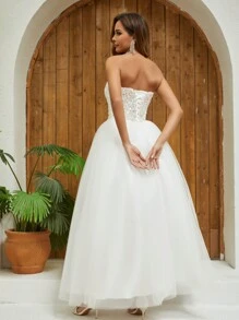 YUMIBRAVO Sparkly Strapless Long Wedding Dress, Slim Fit Sequin Formal Gown, White Bridal Dress - 白色 - 查看 6