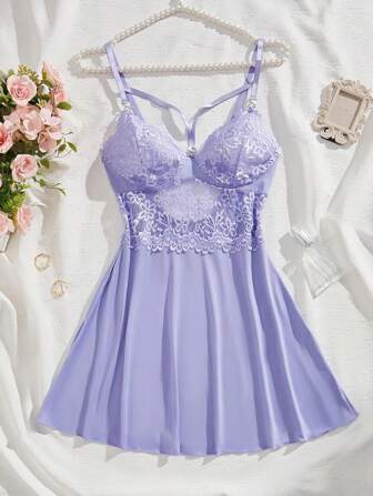 1pc Lace See-Through Sexy Casual Dress, V-Neck Nightgown For Women, Rave For Going Out