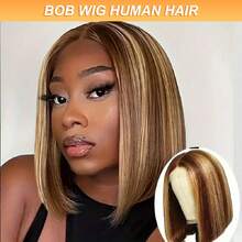 挑染波波头假发 真人头发预拔 4x4 渐变色蜜金色蕾丝前波波头假发 女士 4/27 金色渐变波波头假发 180% 密度短直波波头假发 - S4/27 - 查看 1