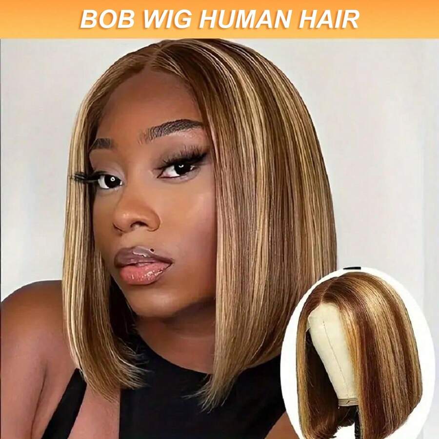 挑染波波头假发 真人头发预拔 4x4 渐变色蜜金色蕾丝前波波头假发 女士 4/27 金色渐变波波头假发 180% 密度短直波波头假发 - S4/27 - 查看 1