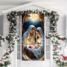 1 pieza, Bandera de puerta con escena del nacimiento de Jesús en la noche estrellada, diseño de Jesús en el establo, opción perfecta para la decoración del porche navideño y el ambiente de granja de invierno - Multicolor - Ver 6