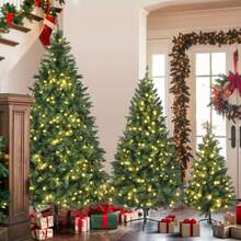 Pre Lit Green Pine Artificial Christmas Tree Set Of 3 Hinged Xmas Trees With 820 Warm Yellow LED Lights And 2539 Branch Tips Holiday Decoration For Home Office And Party - Green - View 3