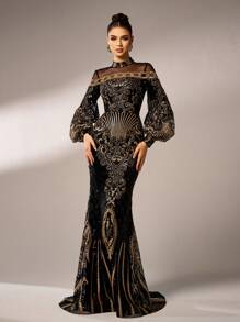 Missord Elegant Long Sleeve Women's Formal Gown Dress With Mesh & Sequins Patchwork Stand Collar, Black Prom Evening Dress, For Wedding Guest, Graduation, Dinner, Party Dress - Black - View 5