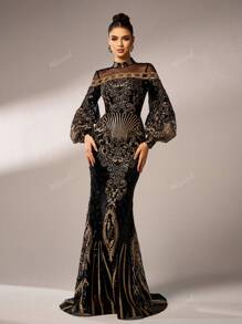 Missord Elegante vestido de noche de manga larga para mujer con parches de malla y lentejuelas, vestido de gala negro para bailes, bodas, graduación, cenas y fiestas