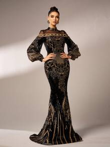 Missord Elegant Long Sleeve Women's Formal Gown Dress With Mesh & Sequins Patchwork Stand Collar, Black Prom Evening Dress, For Wedding Guest, Graduation, Dinner, Party Dress - Black - View 7