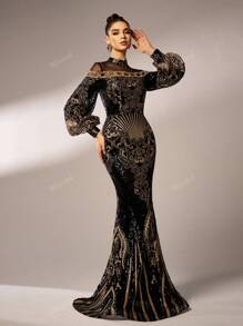 Missord Elegante vestido de noche de manga larga para mujer con parches de malla y lentejuelas, vestido de gala negro para bailes, bodas, graduación, cenas y fiestas
