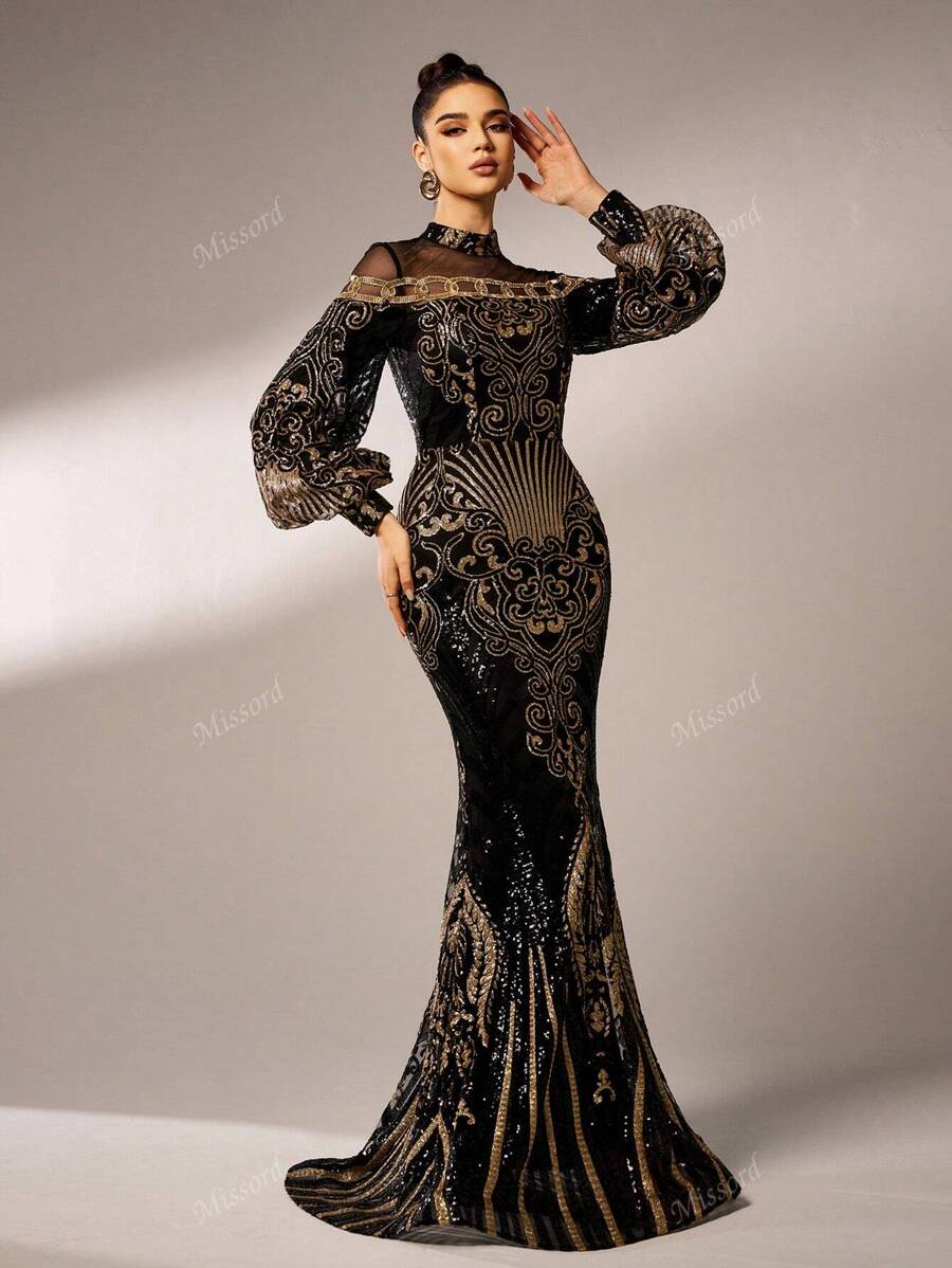 Missord Elegante vestido de noche de manga larga para mujer con parches de malla y lentejuelas, vestido de gala negro para bailes, bodas, graduación, cenas y fiestas