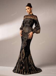 Missord Elegante vestido de noche de manga larga para mujer con parches de malla y lentejuelas, vestido de gala negro para bailes, bodas, graduación, cenas y fiestas