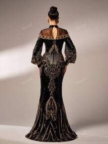 Missord Elegante vestido de noche de manga larga para mujer con parches de malla y lentejuelas, vestido de gala negro para bailes, bodas, graduación, cenas y fiestas