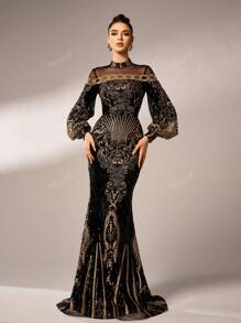 Missord Elegante vestido de noche de manga larga para mujer con parches de malla y lentejuelas, vestido de gala negro para bailes, bodas, graduación, cenas y fiestas