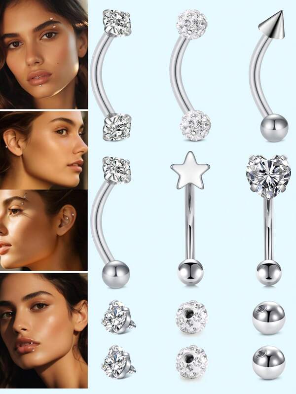 9pcs Rook Piercing Jewelry Curved Barbell Tiny Eyebrow Ring Vertical Labret Lip Jewelry Ear Navel Small Belly Button Ring For Women Men 16g Bar