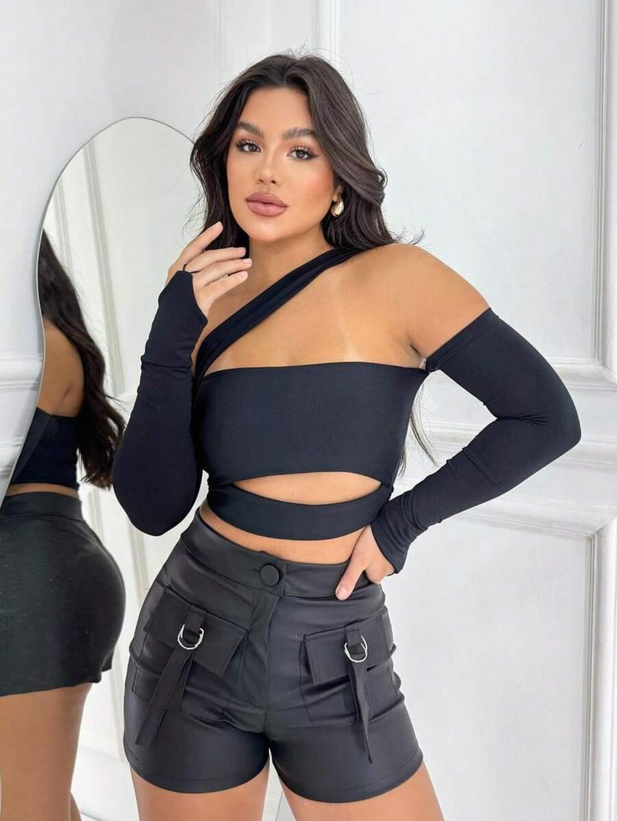 LONG SLEEVE CROPPED TOP FOR WOMEN'S FASHION - 黑色 - 查看 1