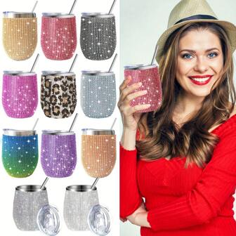 1 件，闪亮 12 盎司双层铆钉玻璃杯，便携式不锈钢 U 型保温杯，酒吧派对吸管饮料红杯，礼物 360 毫升/12 盎司