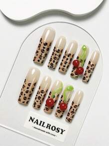 10pcs Handmade Press On Gift Box Included Y2K Leopard Print Cherry 3D Extra Long Square Nails Bold Baddie Style Reusable Luxury False Nails Party Vacation Nailrosy - Cà phê nâu - Xem 3